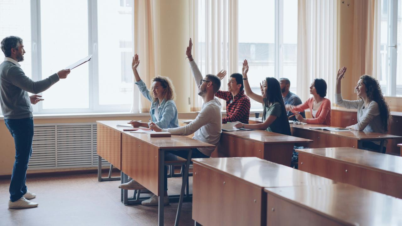 Teacher pointing at students with raised hands